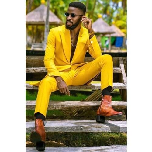 New Design Slim Fit Man Suit Sky Yellow Peak Lapel Business Casual Tuxedo 2 Piece(Jacket+Pant)Custom Made Wedding For Man Suit