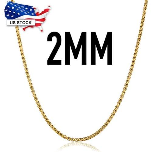 2mm Thin Mens Womens Stainless Steel Necklace Round Box Link Gold Color Unisex Link Chain Neck Jewelry Wholesale LKN385A