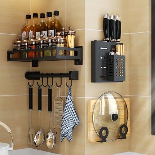 Punch-free Stainless Steel Spice Rack Wall-mounted Knife Holder Kitchen Shelf Dish Rack and Lid Rack Household Storage Rack