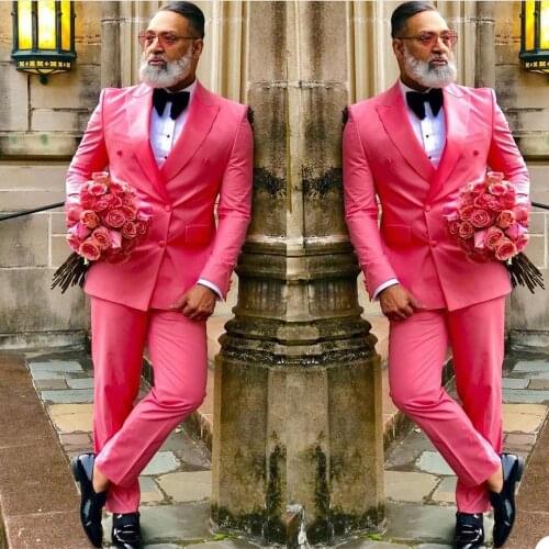 Fashion Men Blazer Suits Double Breasted Pink Custom Made Slim Fit Tuxedos Peaked Lapel Smart Casual Streetwear Jacket