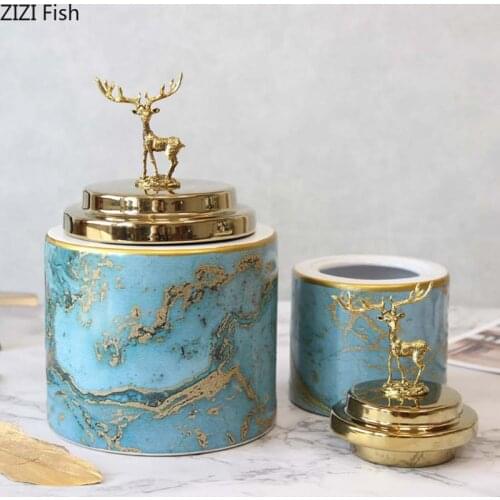 Imitate Marble Storage Jars Decorative Deer Cover Candy Jars and Lids Ceramic Tank Jewelry Cosmetic Containers Modern Decor