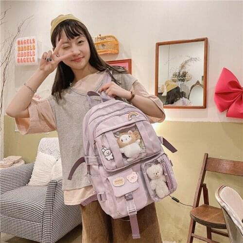 Fashion Womens Backpack Kawaii Doll Solid Color Nylon School Bag For Girls Large-capacity Waterproof Backpack With Many Pockets