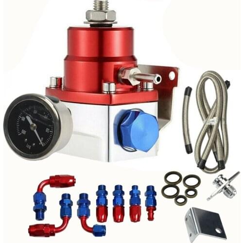 Universal Adjustable Fuel Pressure Regulator Kit with Oil Gauge 0-100 Psi-6AN Fitting End Red-Blue Auto Parts