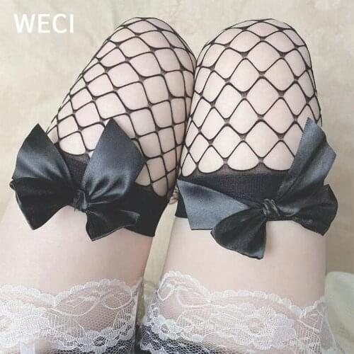 WECI Womens Black Cute Mesh Stockings With A Bow Knitted Over The Knee Thigh High Socks Thin Tube Silk Fishnet Tights Netting
