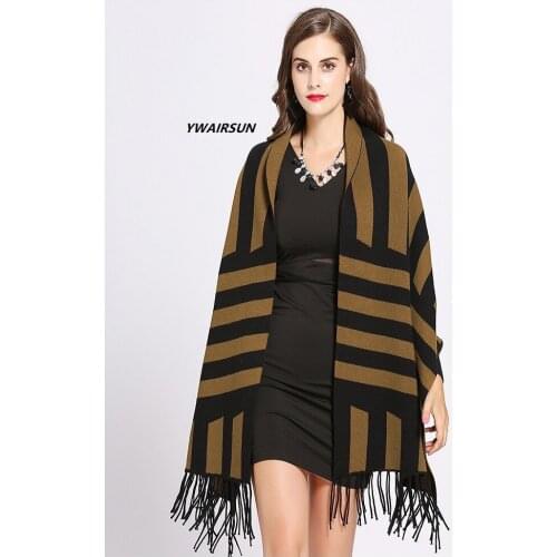 YWAIRSUN Black new female shawl Jacquard bat sleeve striped tassel knit cardigan poncho coat Windbreaker travel warm gift mujer