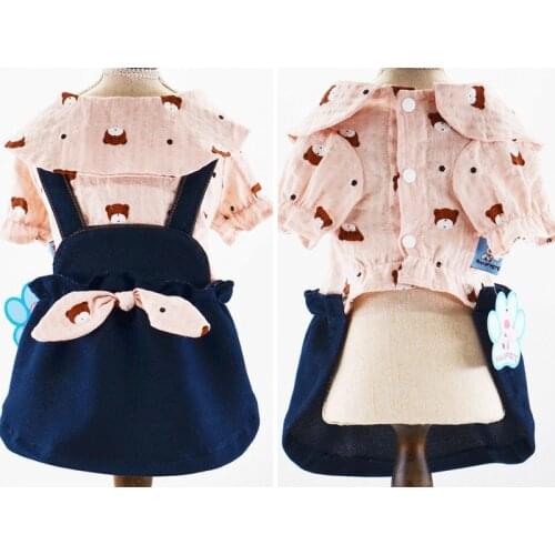 Cute Bear Pattern Pet Clothes For Dog Dresses Summer Short Sleeve Shirt Denim Skirt With Bowknot Sundress Party Birthday Apparel