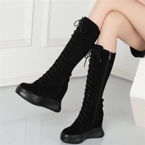 Women Lace Up Straps Genuine Leather High Heel Mid Calf Boots Female Round Toe Thigh High Pumps Shoes High Top Fashion Sneakers