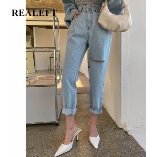 REALEFT Summer 2021 New Classic Hole Womens Jeans Mid Waist Denim Harem Pants Retro Washed Streetwear Slim Trousers Female