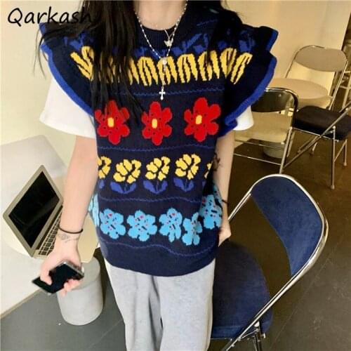 Sweater Vest Women Sleeveless Vintage Ruffles Knitted O-Neck BF Floral Outerwear Spring Design All-match Fashion College Clothes