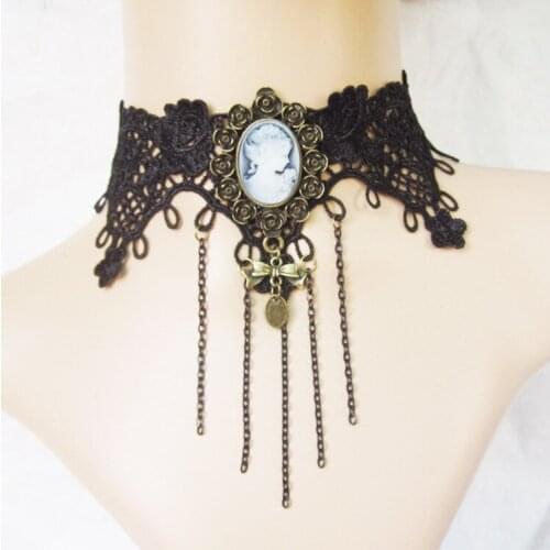 Retro Goth Tassel Pendant Necklace Women Aesthetic Black Lace Choker Collarbone Chain Hallowmas Jewelry Initial Charm Party Gift