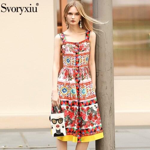 Svoryxiu Runway Rose Flower Print Spaghetti Strap Dress Womens luxury Crystal Single Breasted Summer Knee-Length Dress Vestdios