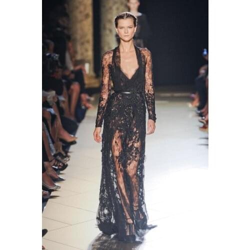 2018 Arrival Black lace Long Sleeve Robe De Soiree Colorful sexy illusion Evening Party Prom gown mother of the bride dresses