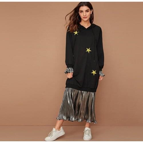 2020 Spring Autumn Dress Patchwork Draped Students Sport Long Dress Flare Sleeve Casual Hooded Plus Size Dress