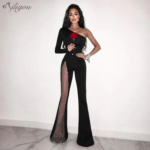 Ailigou Black Womens One Shoulder Long Sleeve Bandage Jumpsuit Diamond Sexy Hollow Skinny Celebrity Party Jumpsuit Vestidos