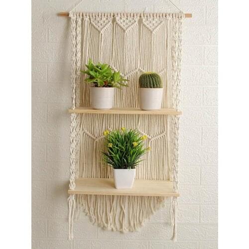 Boho Decor Boho Woven Wood Shelf Tapestry 2 Tier Hanging Art Witchcraft Kawaii Room Decor Wall Shelves Tapestry Wall Hanging HOT