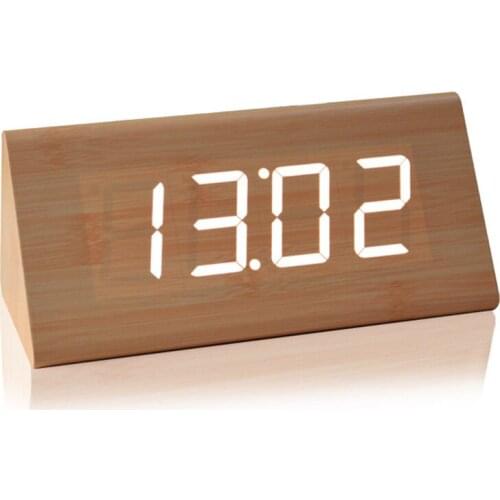Wooden alarm clock,Sounds control Temp+date+time white led electronic alarm clock Night glowing reloj despertador