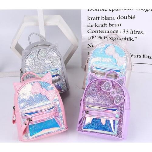 Children Sequins Laser Backpacks Kid Shoulders Bag with Bow Women Zipper Bag Mini Travel Bag Girls Shoulder Bag Casual Mochila