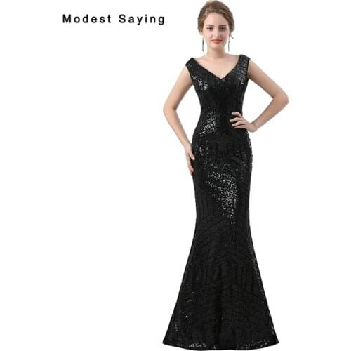 Elegant Black Sequined Evening Dresses 2018 Sheer Back Mermaid Evening Gowns Long Party Prom Gowns vestido de festa Custom Made