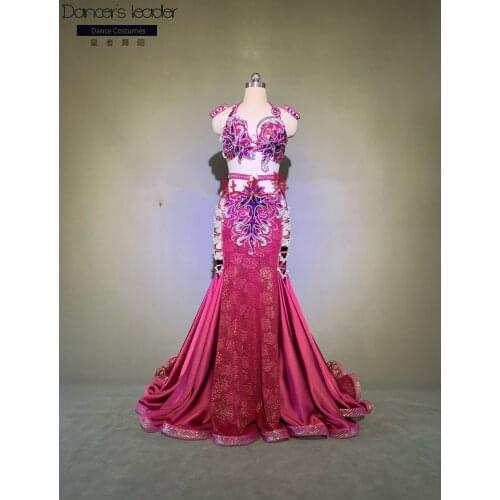 Custom size 2020 womens new belly dance suit rhinestone bra + high-definition sexy bag hip big swing skirt show costume rose
