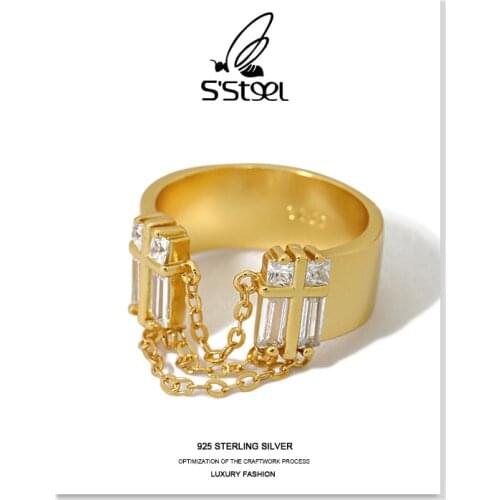 SSTEEL Zircon Rings 925 Sterling Silver For Women Korean Luxury Chain Tassel Gold Adjustable Ring Bague Argent Fine Jewellery