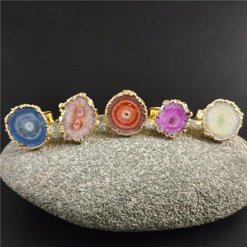FUWO Fashion Stalactite Rings With 24K Gold Electroplated Genuine Solar Quartz Flower Agates Sliced Ring For Women RG015
