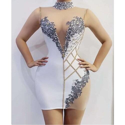 Women Sexy Jazz Dance Costume Rhinestones Transparent Short Dress Bar Birthday Celebrate Dress Outfit Prom Singer Dance Clothes