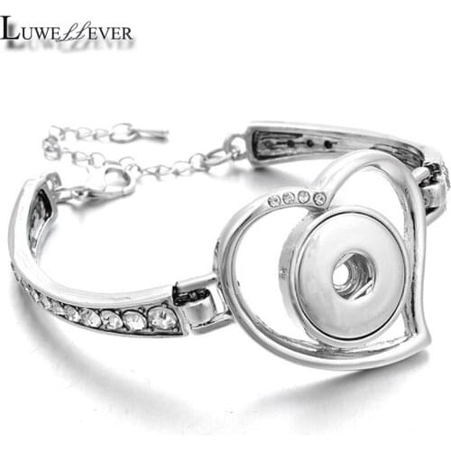 Luwellever Heart Metal Rhinestone Bracelet 001 Fit 18mm Snap Button Bangle Charm Interchangeable Jewelry For Women Gift