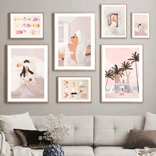 Fashion Lady Coffee Drink Beach Palm Tree Wall Art Print Canvas Painting Abstract Nordic Poster Decor Pictures For Living Room