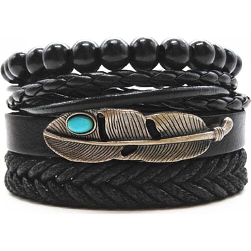 Feather Stone Ethnic 4 Pcs/set Beaded Black Woven Leather Men Bracelets Women Vintage Bangle Male Homme Jewelry Accessories