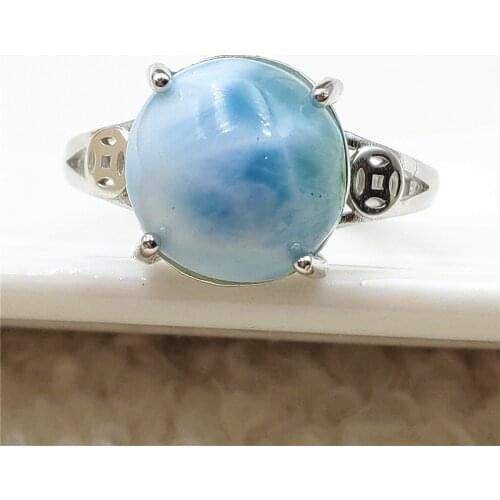100% Natural Larimar Blue Dominia Oval Adjustable Ring 12x10mm Water Pattern 925 Sterling Silver AAAAAA