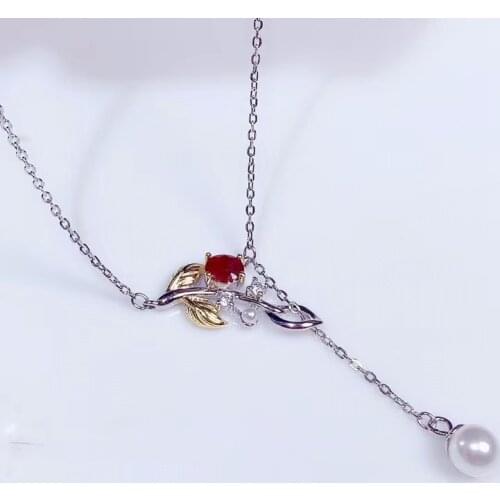 Natural red ruby Pearl Necklace natural gemstone Pendant Necklace S925 silver trendy leaf tassels woman wedding gift jewelry