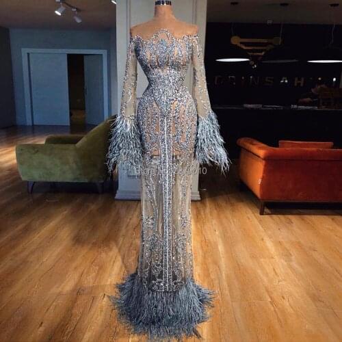 Sky Blue Off The Shoulder Sheath/Column Evening Dress Beaded Sequined Tulle Feather Full-Length Prom Dress Formal Dress Zipper