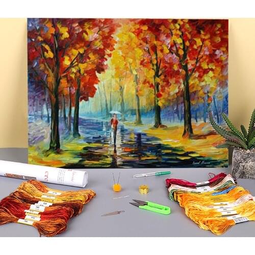 Fall Romance Printed Canvas 11CT Cross-Stitch DIY Embroidery Full Kit DMC Threads Painting Handiwork Handicraft Counted