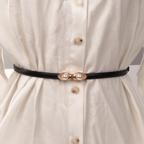 Pearl Alloy Buckle Belt dress Solid Faux Leather thin cummerbunds adjustable design Casual All-Match Long Women party waistbands