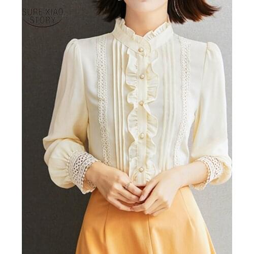 Slim Chiffon Long-sleeve Shirt Lady Autumn Elegant Temperament Blouse Women Solid Comfort Simple Stand-up Collar Woman Top 16202