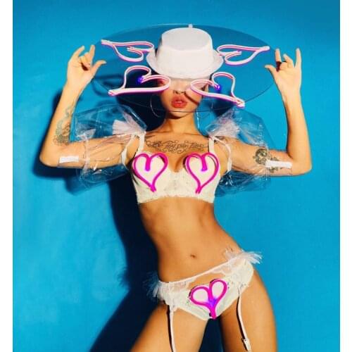 Sexy LED lighting bikini dance costumes Nightclub bar woman love heart sweet stage party costume dropshiping