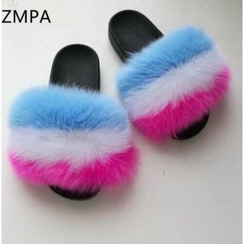 Childrens Summer Fluffy Fur Slippers Womens/Kids Real Fox Fur Slides Plush Beach Flip Flops Home Shoes Woman Furry Sandals Hot