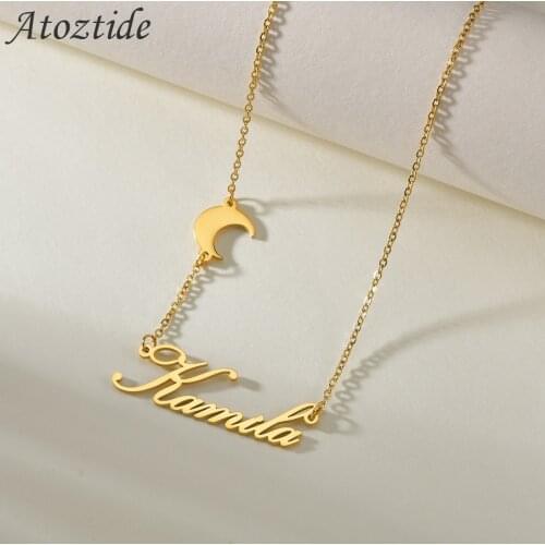 Cute Moon Personalized Nameplate Pendant Necklaces Stainless Steel Choker Chain Custom Letter for Women Chrismas Jewelry Gift