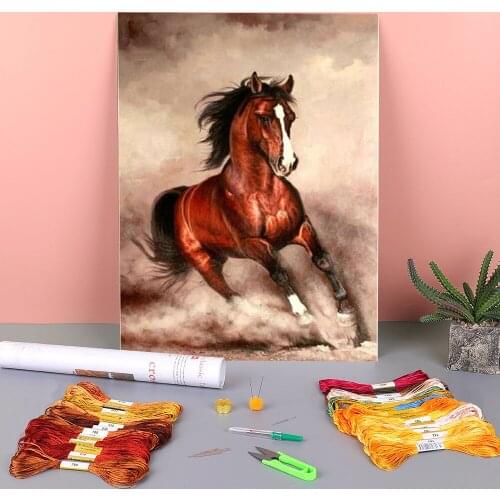 Snow Two Horse Animal Printed Water-Soluble Canvas 11CT Cross Stitch DIY Embroidery Kit DMC Threads Hobby Handicraft