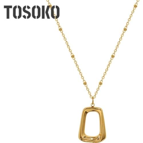 TOSOKO Stainless Steel Jewelry Geometric Square Necklace Three Dimensional Pendant Womens Fashion Clavicle Chain BSP1074