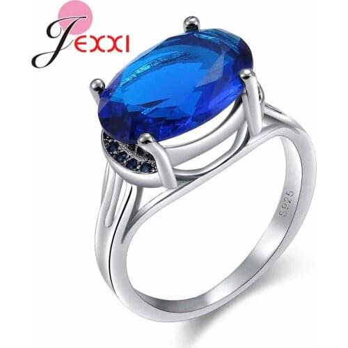 Trendy Women Oval Princess Cut Blue Austrian Crystal Wedding Party Rings 925 Sterling Silver Engagement Anillos Jewelry