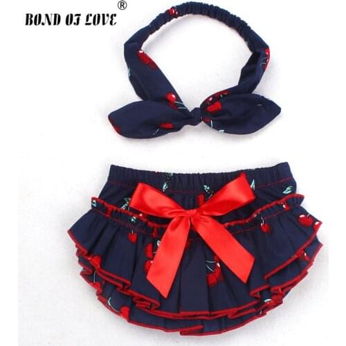 2019 New Baby Clothing Girl Fashion Shorts With Cotton Headband Baby Girls Ruffle Bloomers Set Cherry Design Ruffled Panties