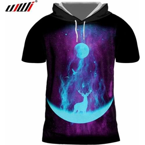 UJWI Galaxy Space Tshirts Men Creative Design Deer In Moon Printed 3D Hooded T-shirts Hombre Hip Hop Punk Short Sleeve Hoody 7XL