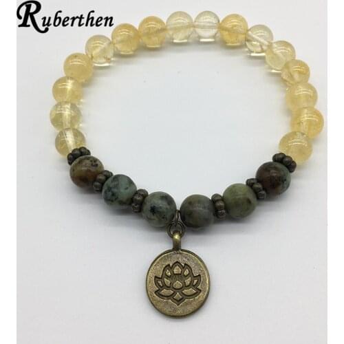 Ruberthen Vintage Design Yellow Crystal African Turquise Bracelet Lotus Charm Bracelet Trendy Yoga Natural Stone Jewelry