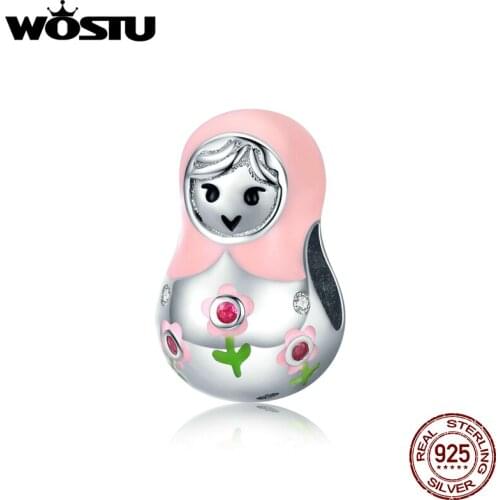WOSTU 100% 925 Sterling Silver Lovely Russian Doll Girls Beads Fit Original Bracelet Pendant Pink Enamel Charms Jewelry DXC1435