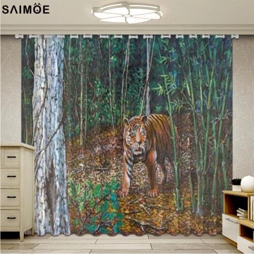 Tiger In The Forest Window Curtain For Living Room Oil Paiting Animal Bedroom Blackout Curtain Ultra-thin Micro Shading Cortina