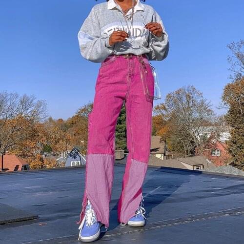 2020 Women Hight Waist Wide Leg Jeans Loose Korean Style Pant Leisure Sport Trousers Stitched Trouser Autumn Winter Clothing