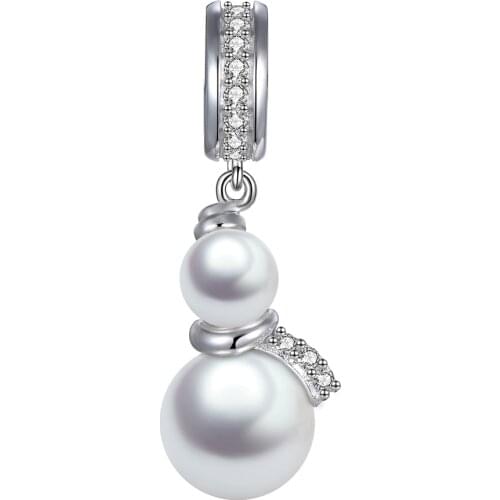 GW 925 Sterling Silver with Pave Clear CZ Gourd Pendant White Pearl Drops Charms Elegance Fit Women Bracetes & Bangle Jewelry