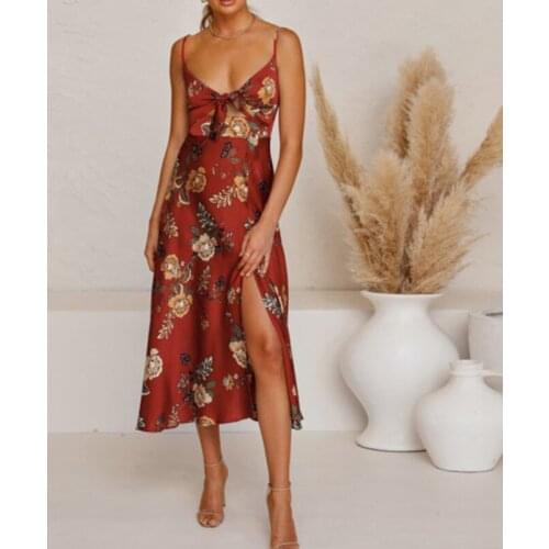 2021 Summer Women Fashion Sleeveless Floral Print Camisole Dress Sexy Spilt Back Hollow Out Slim Bandage Casual Beach Dresses