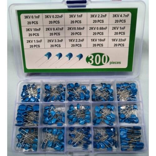300Pcs=15Value* 20pcs Ceramics capacitor kit High Voltage 0.1/0.22NF 101/102/103/152/221/222/223/332/471/472/561/681 3KV 2KV 1KV